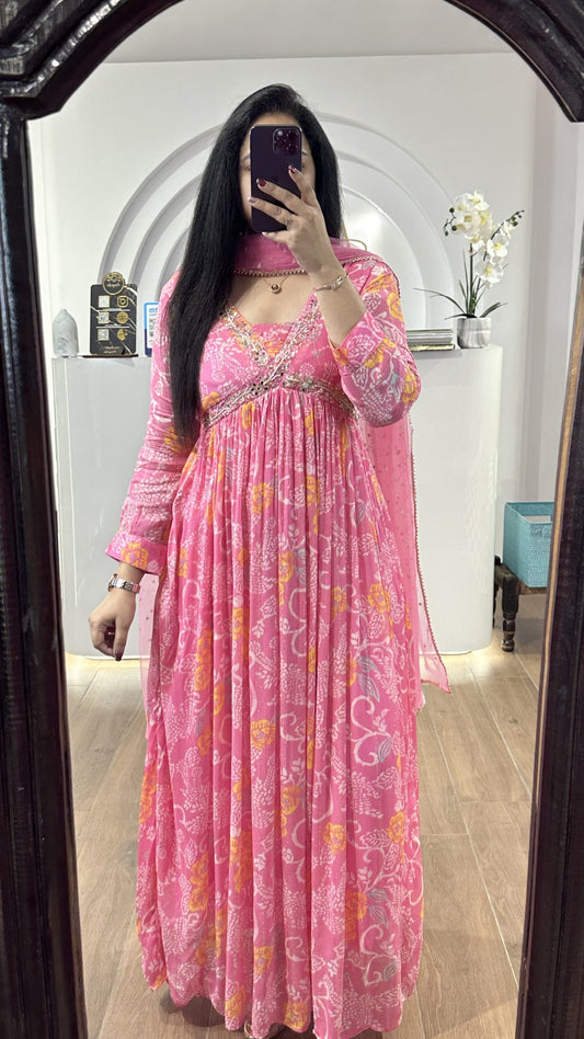 Baby Pink floral alia cut chinnon frock with embroidery