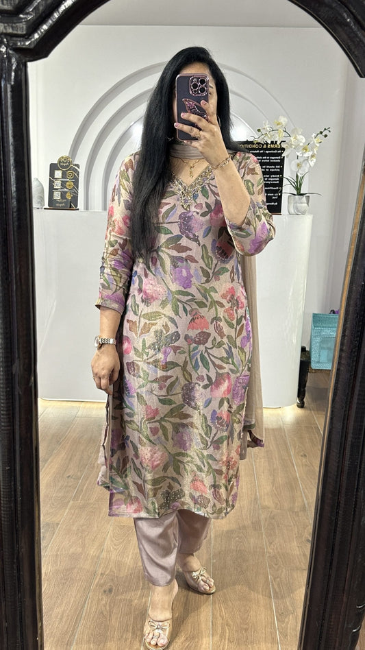 Beige Tissue V Neck Kurti