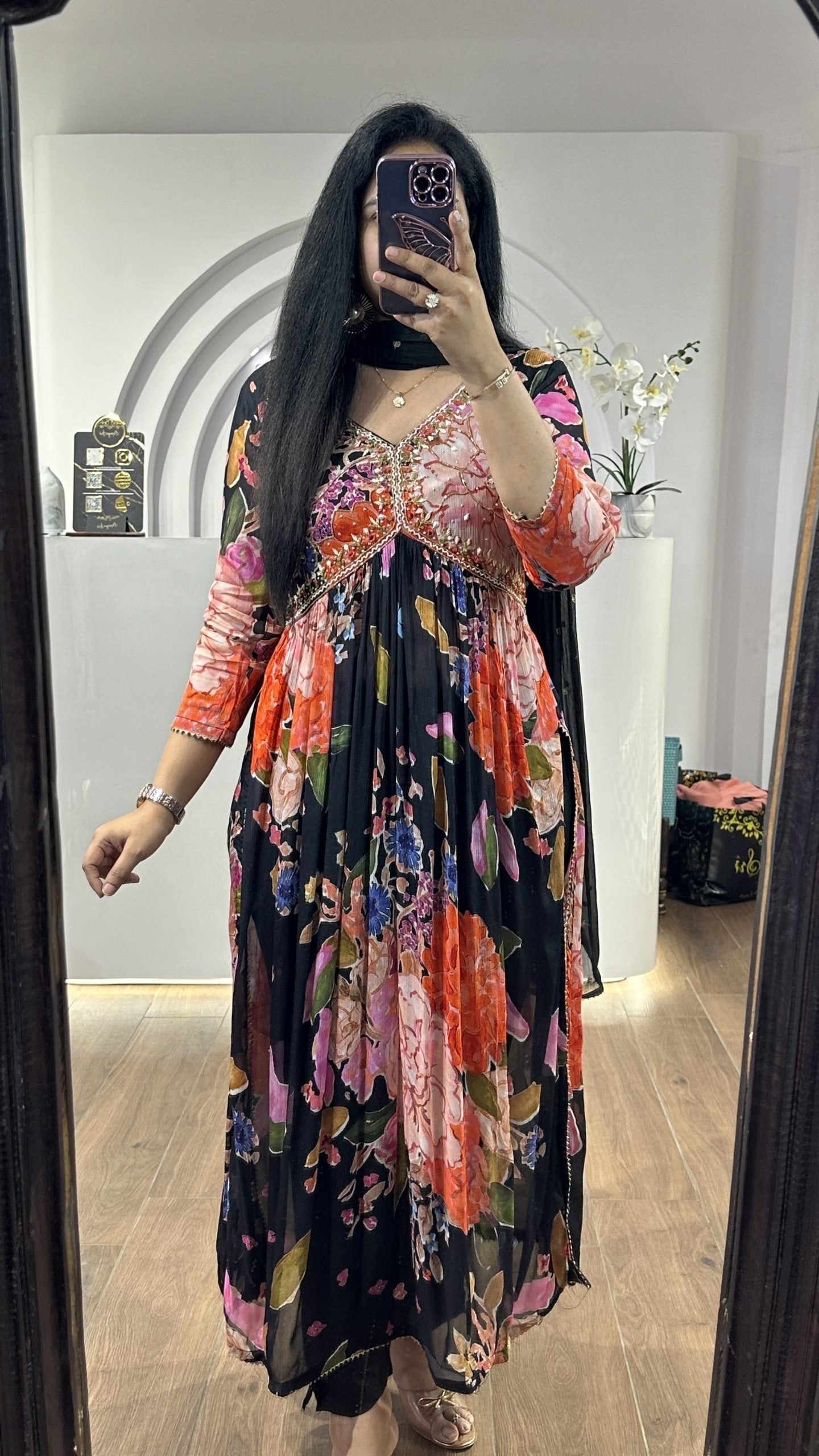 Black Multicolored Floral Alia Cut Suit Set