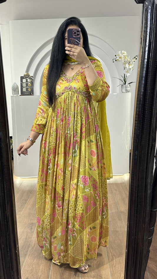 Yellow floral alia cut chinnon frock with embroidery