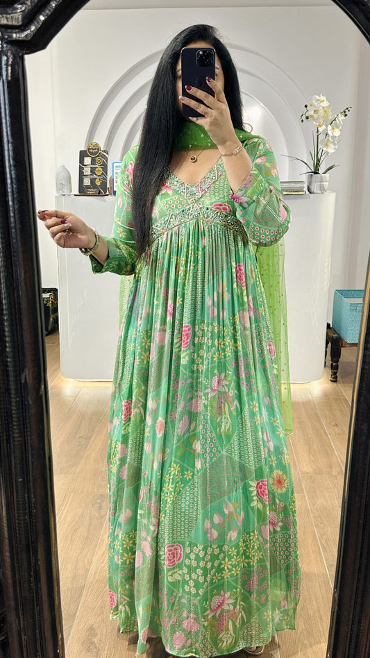 Green floral alia cut chinnon frock with embroidery