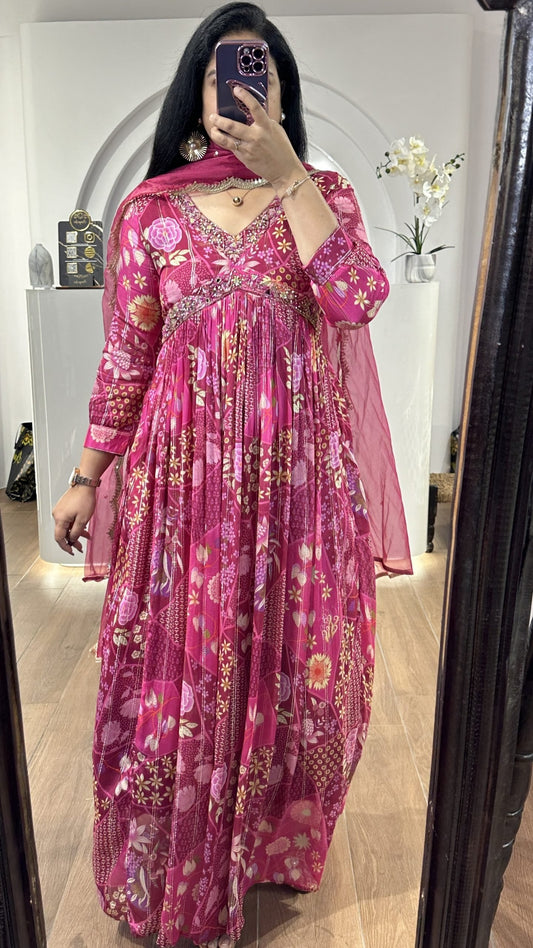 Magenta Pink floral alia cut chinnon frock with embroidery