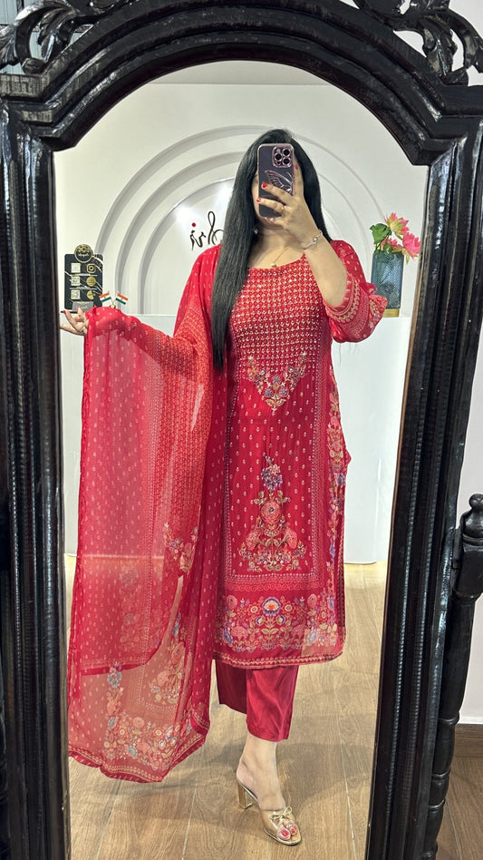 Red Handworked Round Neck Kurti (HK10)