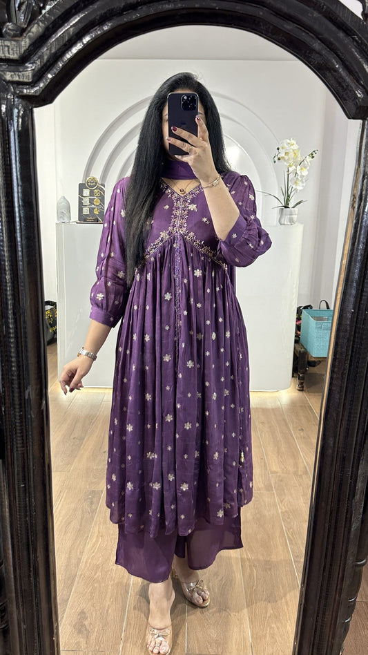 Wine handworked alia cut frock with embroidery